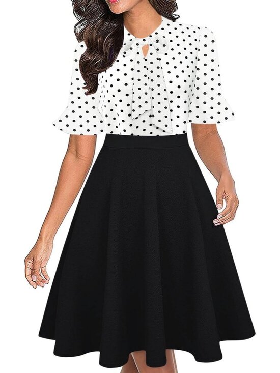 Dresses & Skirts - Women's White Dot Classic Tie Neck Summer Short Sleeve Knee Length Mid Dresses